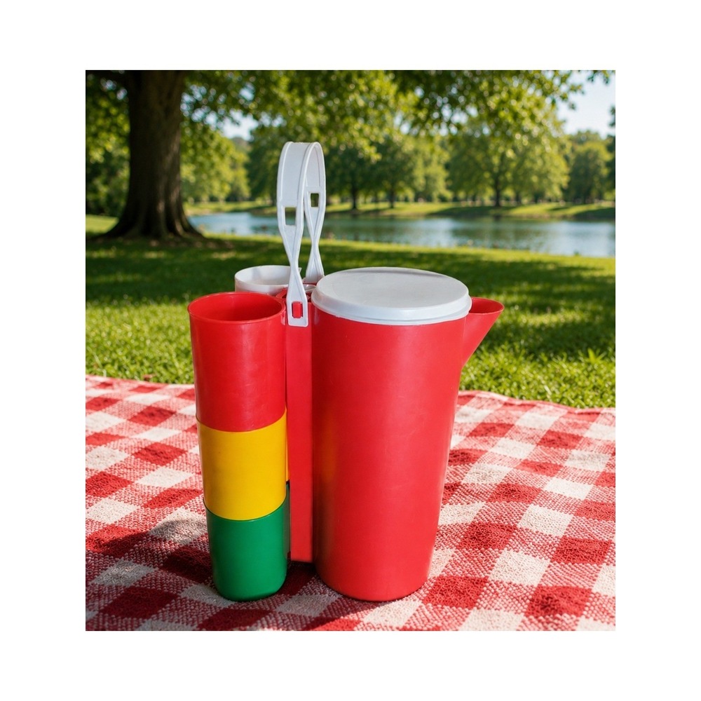 Vintage Ingrid Chicago Red Picnic Pitcher Set with 6 Multi Color Mugs MCM Retro